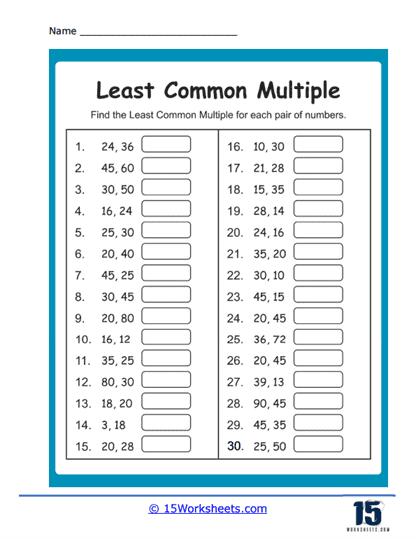 Least Common Multiples Worksheets - 15 Worksheets.com