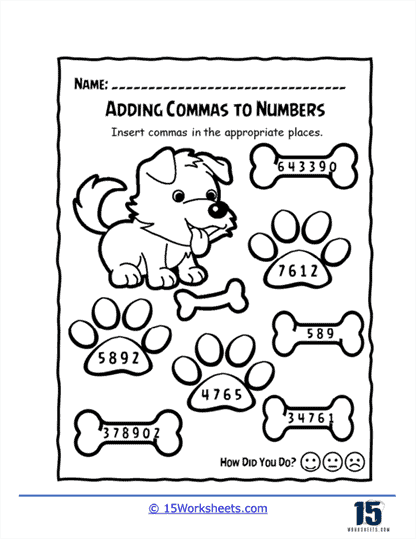 Adding Commas to Numbers Worksheets