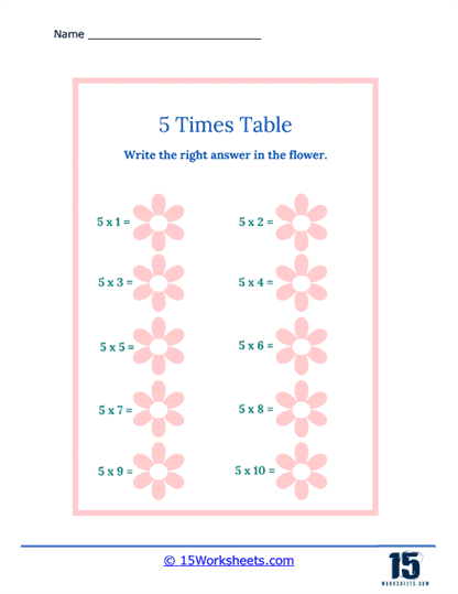 5 Times Tables Flowers Worksheet