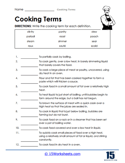 Cooking Terms Worksheets