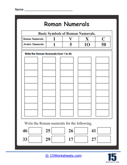 1 to 45 in Roman Worksheet
