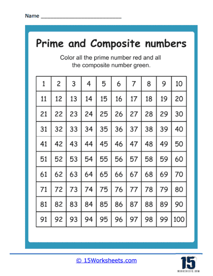 Color all Prime Numbers Worksheet