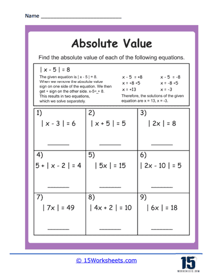 Absolute Value of Equations Worksheet