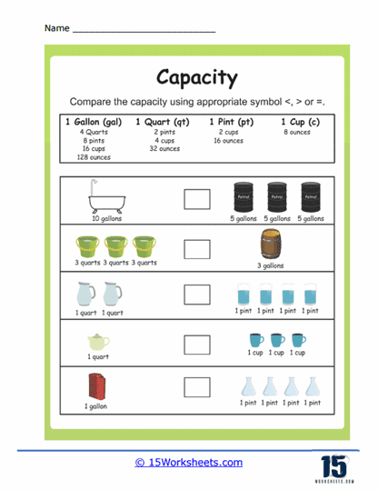 Comparing Containers Worksheet