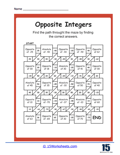 Opposite Value of Integers Worksheets