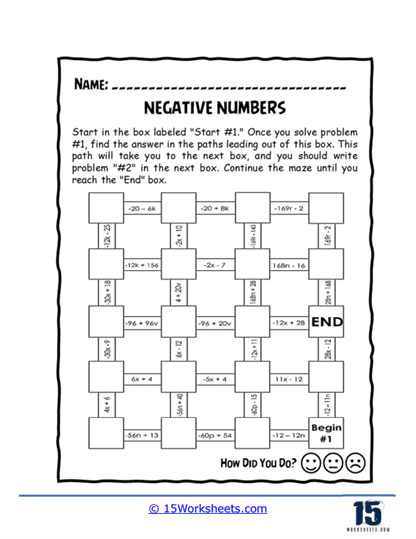 Negative Numbers Maze Worksheet