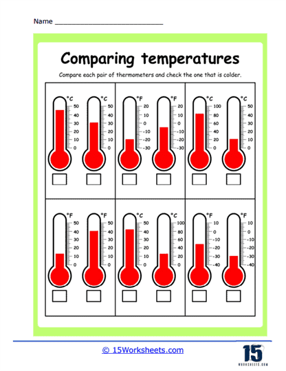 Comparing Temperatures Worksheets