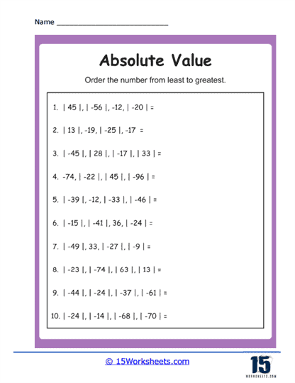 Ascending Absolute Value Worksheet