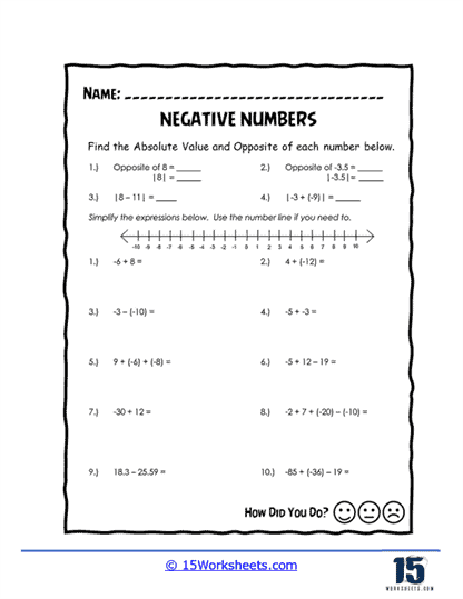 Negative Numbers Worksheet