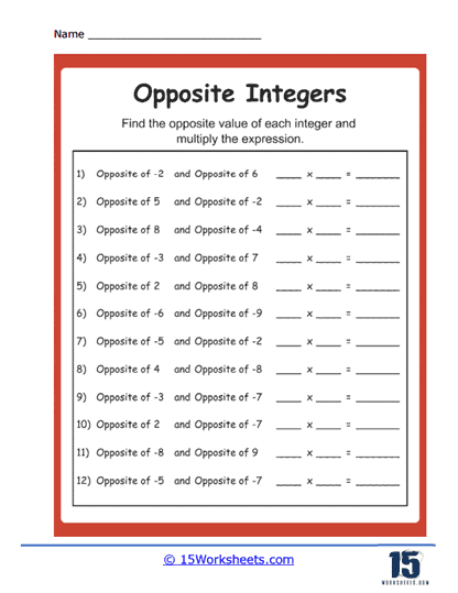 Opposites and Multiplication Worksheet