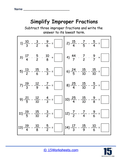 Subtracting 3 Improper Fractions Worksheet