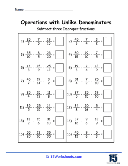 Subtracting Related Denominator Worksheet