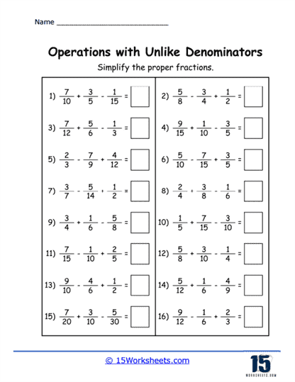 Solving Operations with Unlike Fractions Worksheet