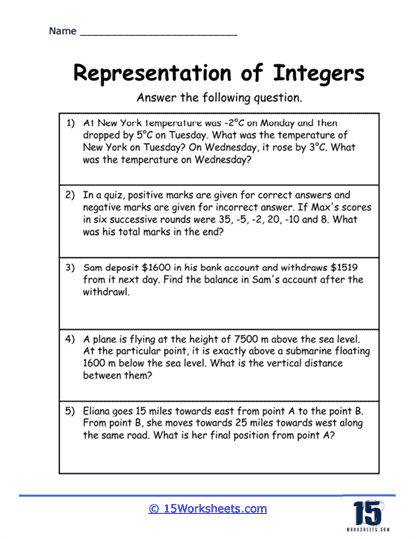 Integers in Word Problems Worksheet