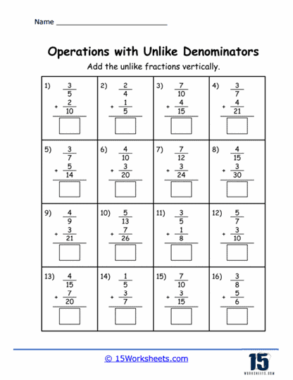 Vertical Sums with Unlike Fractions Worksheet