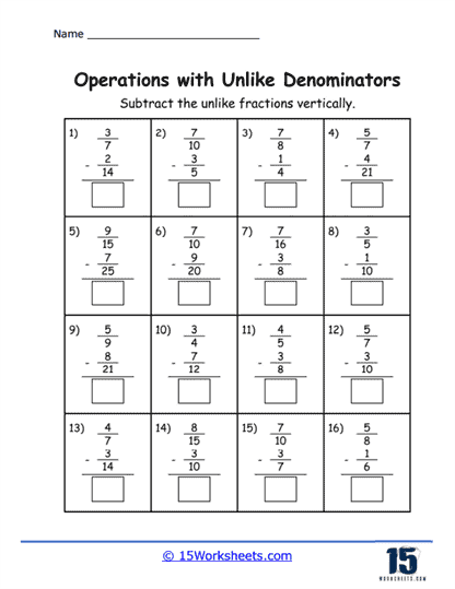 Vertical Differences with Unlike Fractions Worksheet