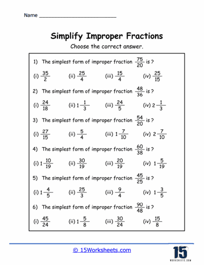 Simplifying Improper Fractions Quiz Worksheet