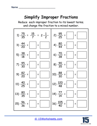 Simplifying Improper Fractions Worksheets