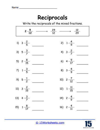 Mixed Number Reciprocals Worksheet