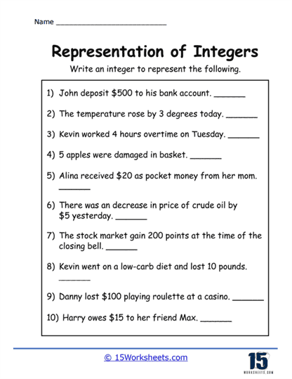 Representation of Integers Worksheets