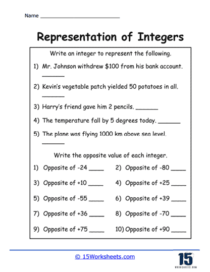 Values of Integers Worksheet