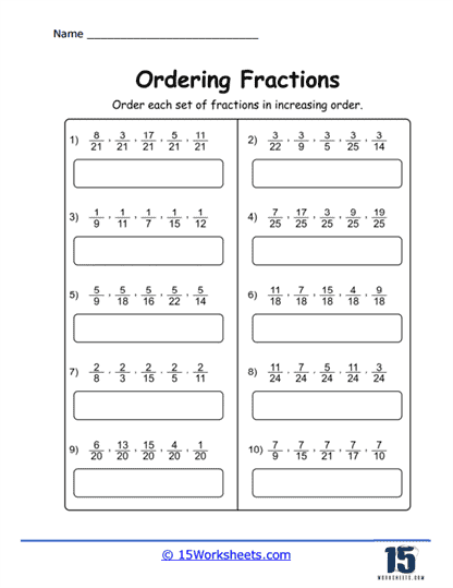 More Ordering 5 Fractions Worksheet