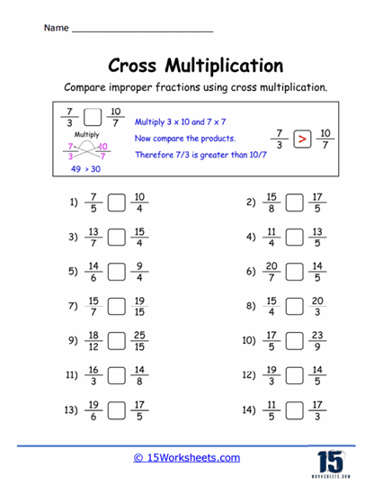 Compare with Cross Multiplication Worksheet