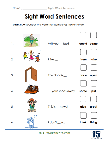 Sight Word Sentence Worksheets