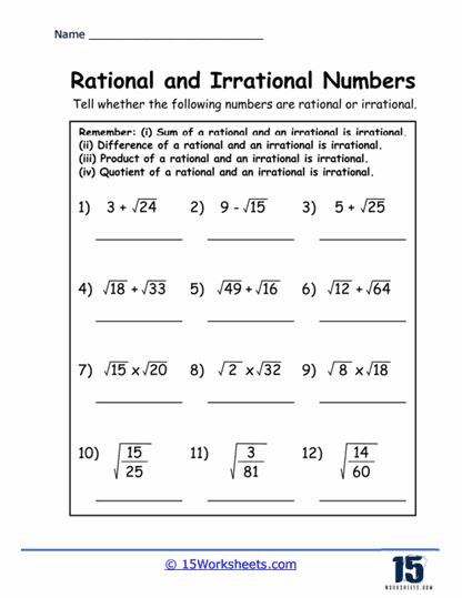 Irrational Numbers Worksheets