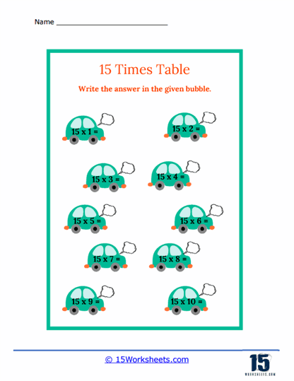 15 Cars Worksheet