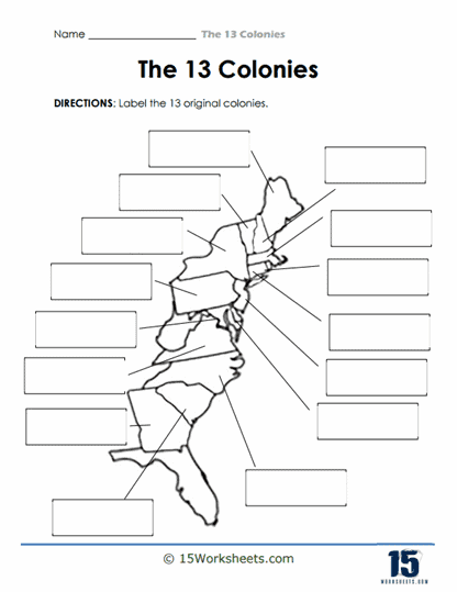 Label the 13 Colonies Worksheet