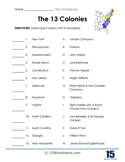 Matching 13 Colonies Worksheet