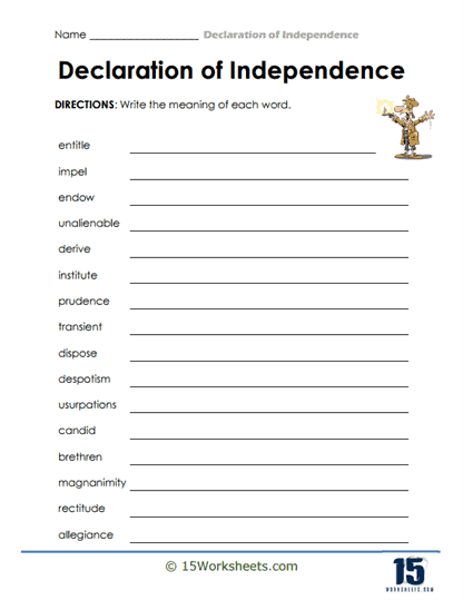 Terms in the Declaration of Independence Worksheet