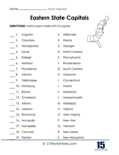 Eastern State Capitals Worksheet