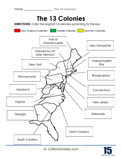 Coloring the 13 Colonies Worksheet