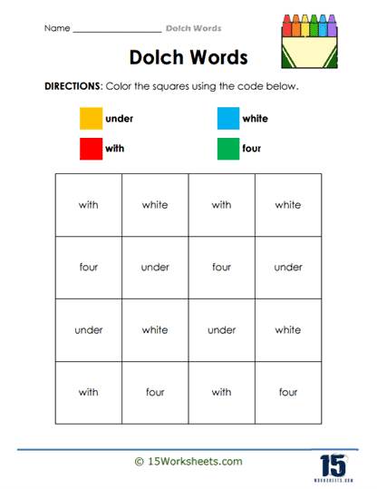 Coloring Dolch Squares Worksheet