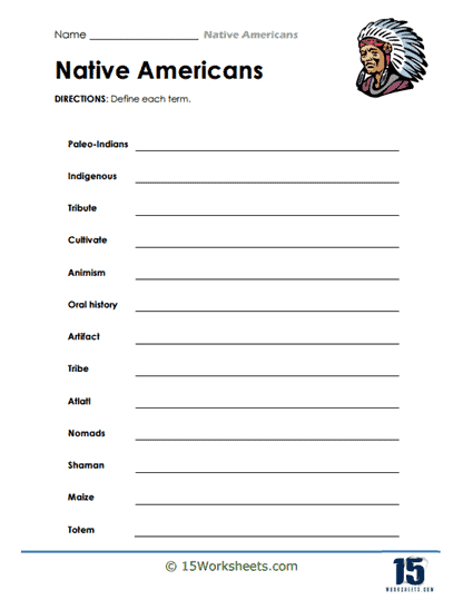 Native American Vocabulary Terms Worksheet