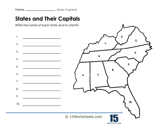 Southeast States and Their Capitals Worksheet