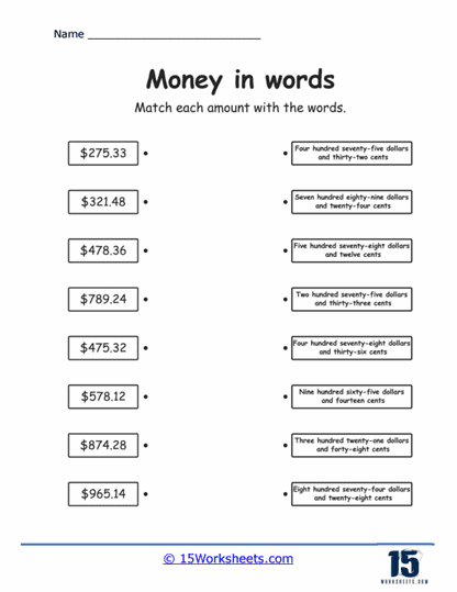 Cash Words Connect Worksheet