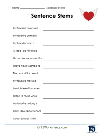 Sentence Stem Worksheets