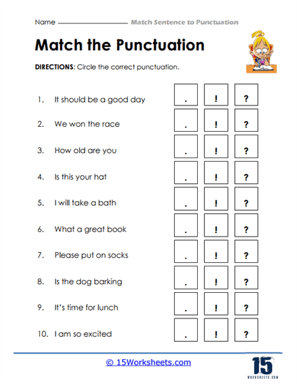 Match Sentences to Punctuation Worksheets