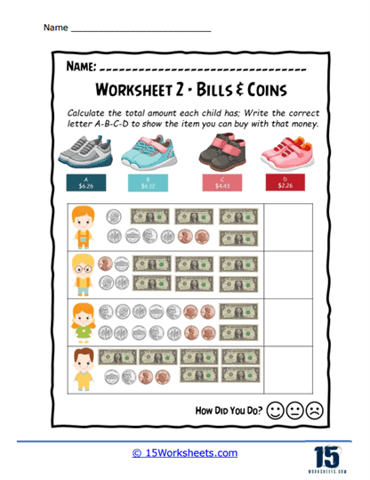 Counting Bills and Coins Worksheets