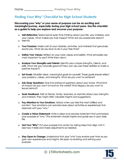 Checklist for High School Students Worksheet