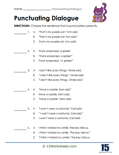 Punctuating Dialogue Worksheets