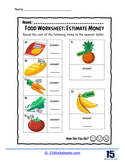 Grocery Cart Math Worksheet