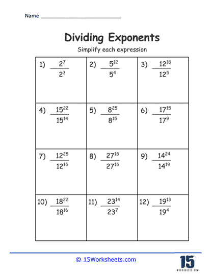 Exponent Division Worksheets