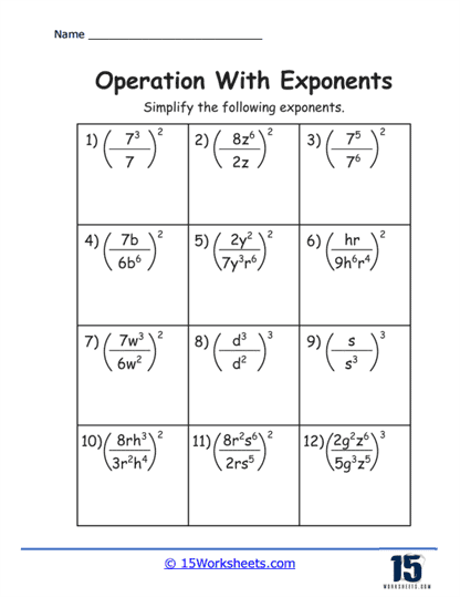 Operations with Exponents Worksheets
