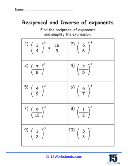 Reciprocals and Inverses of Exponents Worksheets