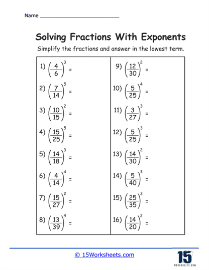 Fraction Exponent Crunch Worksheet