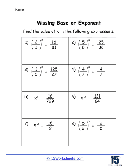 Missing Base or Exponent Worksheets